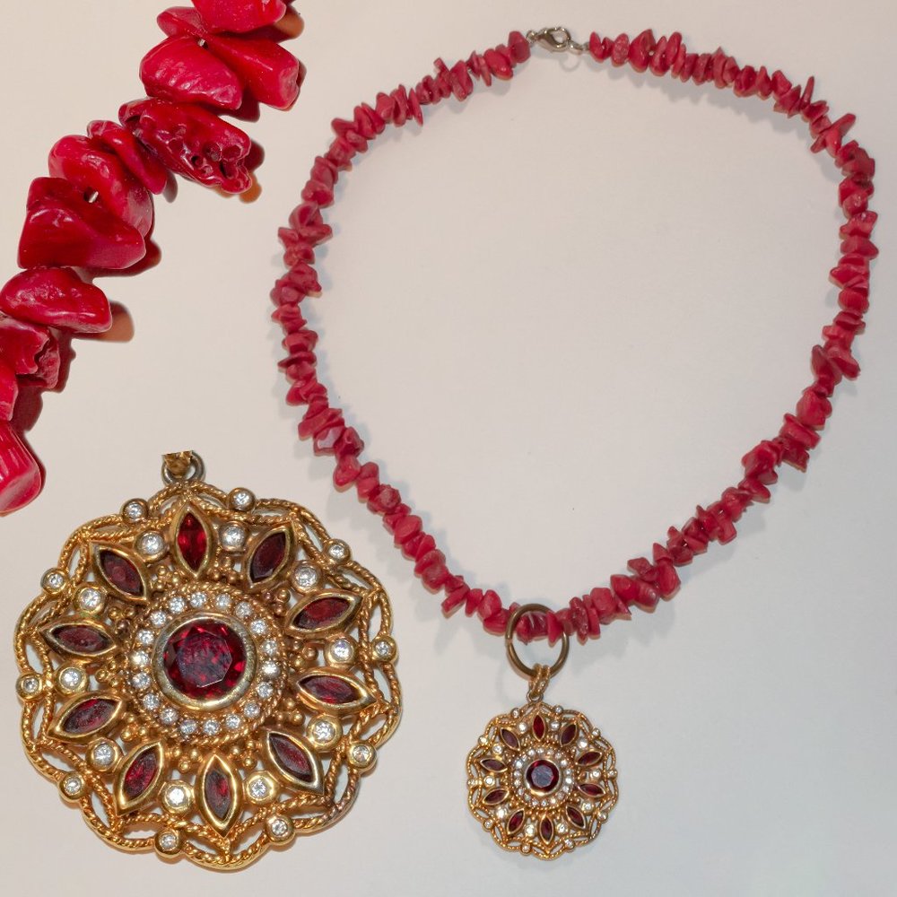 Sterling Silver Garnet White Topaz Pendant on Faux Coral Bead Necklace by UTC
